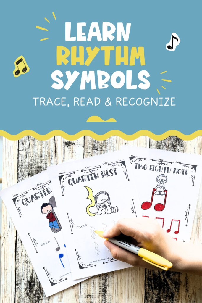 Printable rhythm tracing worksheets helping elementary music students recognize quarter notes, eighth notes and quarter rests.