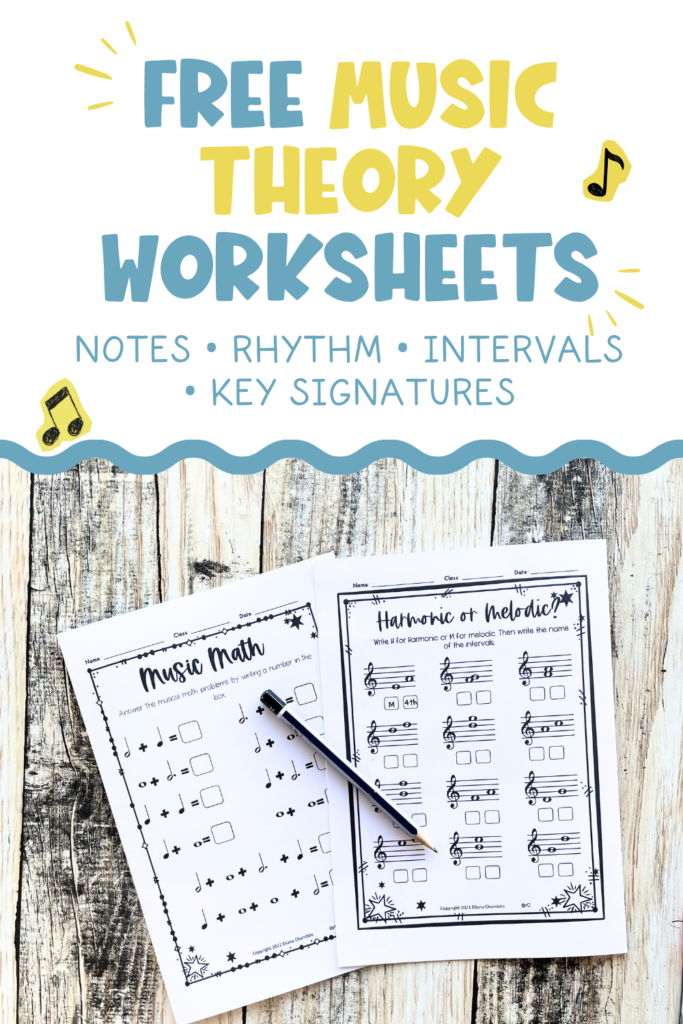 Free music theory worksheets sampler with printable activities for notes, rhythm, intervals, and key signatures.