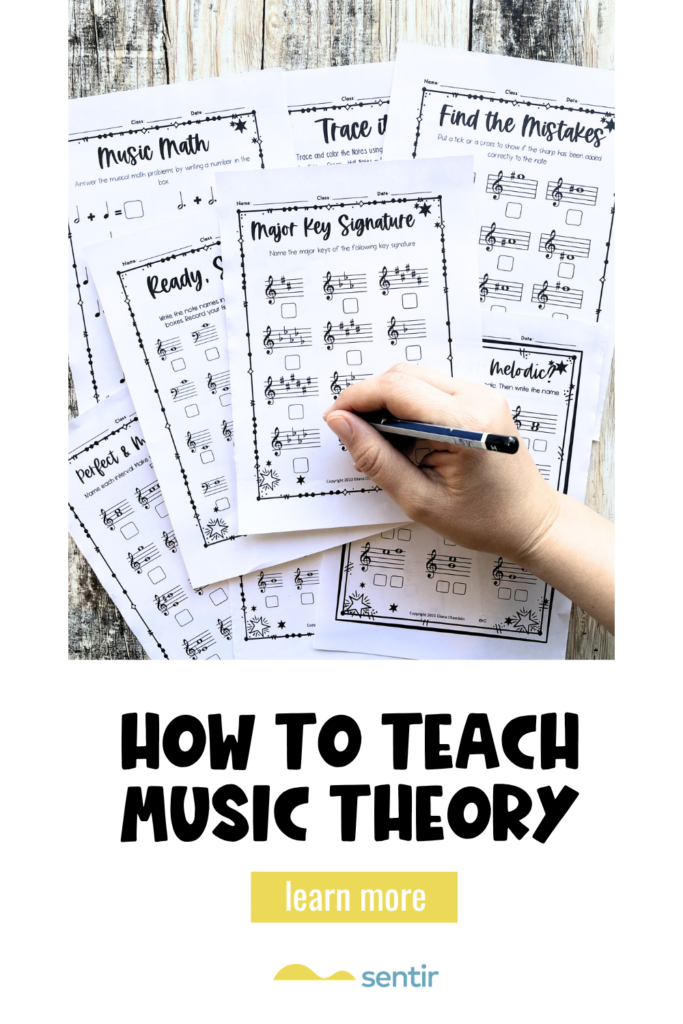How to teach music theory using printable worksheets for notes, rhythm, intervals, and key signatures.
