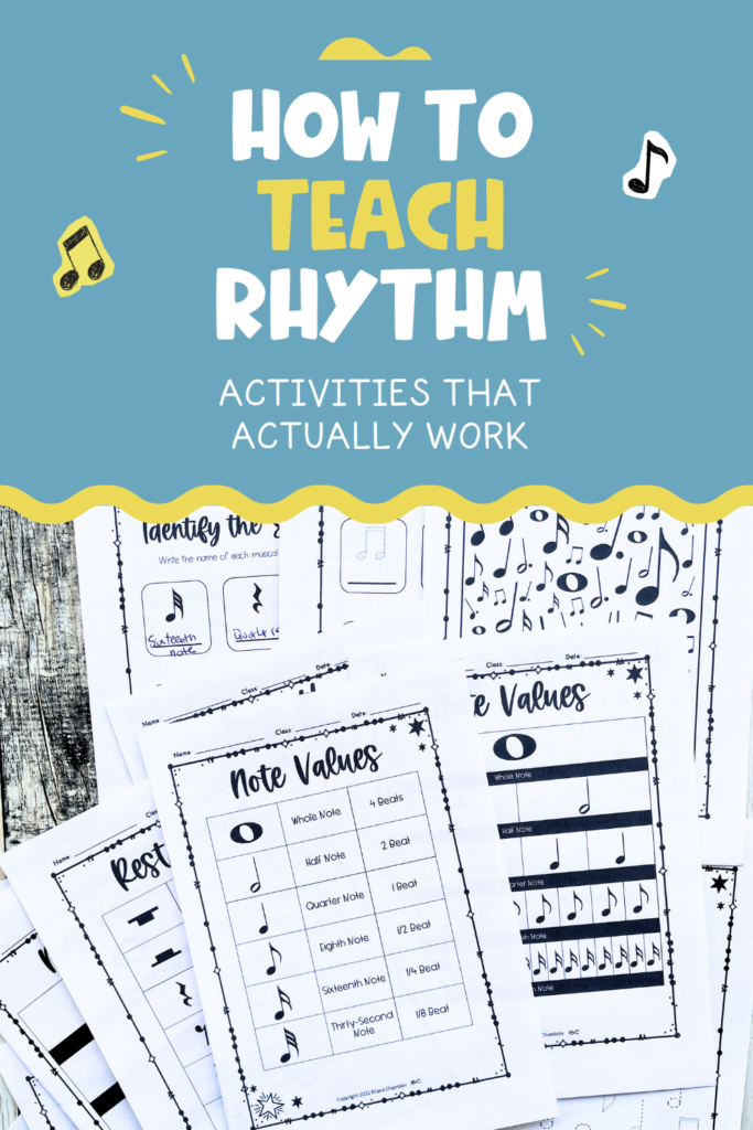 How to teach rhythm using printable music theory worksheets, rhythm games, and note value activities.