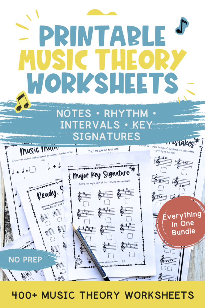 Printable music theory worksheets bundle for notes, rhythm, intervals, key signatures, and music symbols.