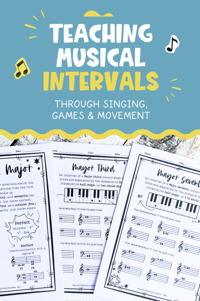 Teaching musical intervals through singing, movement, games, and printable interval worksheets.