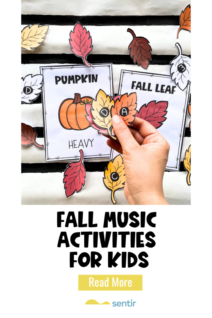 Fall music activities for kids using movement, listening, melodic direction, and hands-on note reading activities.