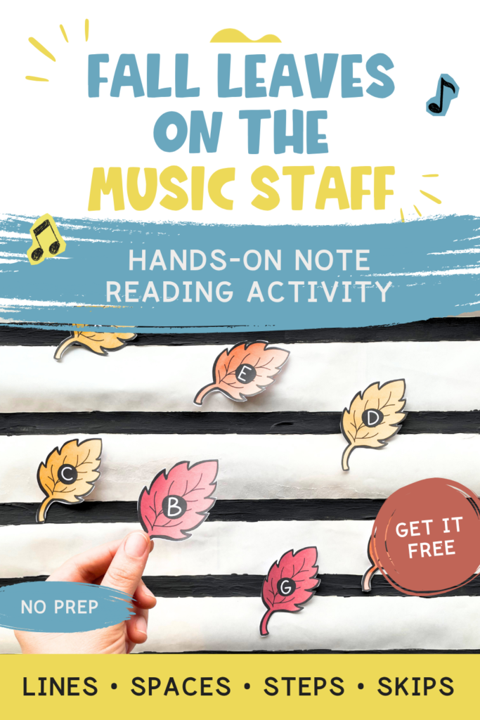 Fall note reading activity using printable leaves on a floor staff to explore lines, spaces, steps, skips, and melodic patterns.