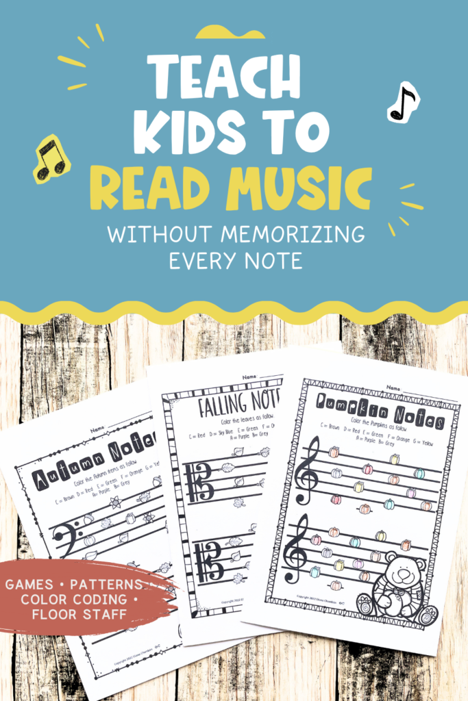 Teaching kids to read music using note reading games, musical patterns, color coding, and a floor staff.