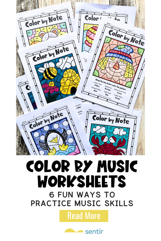 Color by Music worksheets for kids featuring activities to practice note reading, rhythm, music math, piano keys, intervals, and ukulele chords through color-by-code music activities.