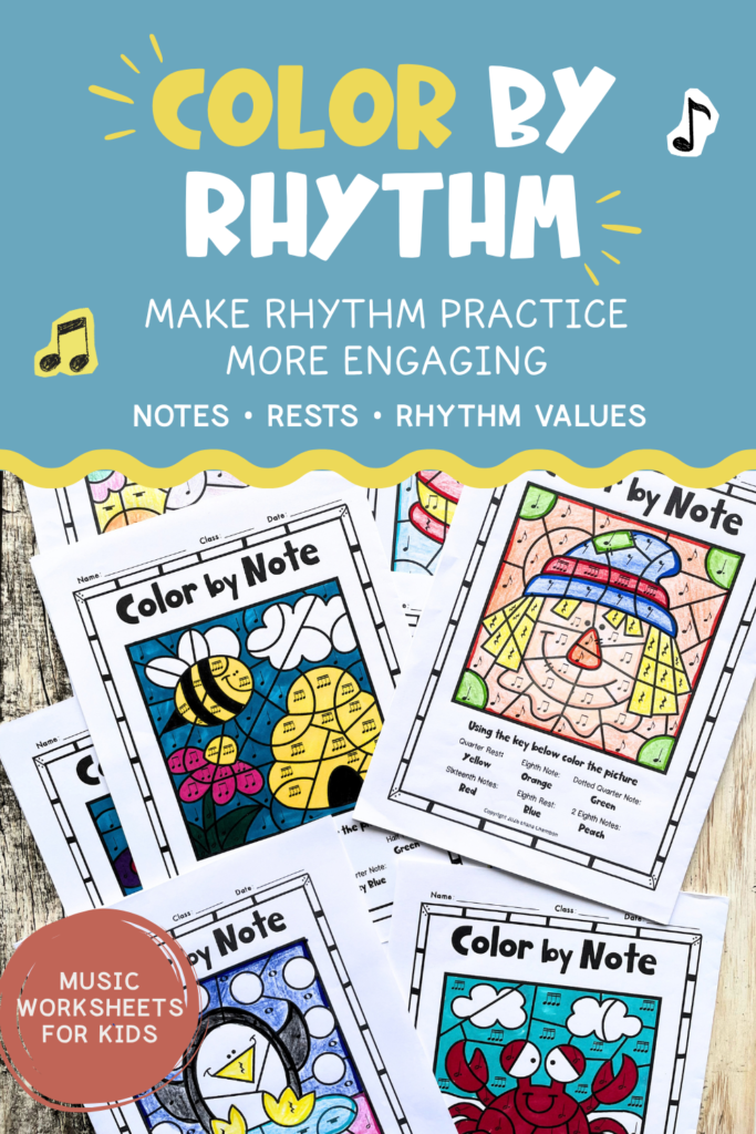 Color by Music worksheets for rhythm practice with three levels for identifying notes, rests, note values, and increasingly challenging rhythmic concepts.