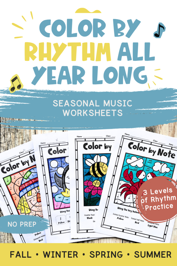 Seasonal Color by Rhythm music worksheets for Fall, Winter, Spring, and Summer with three levels of rhythm, note, rest, and note value practice.