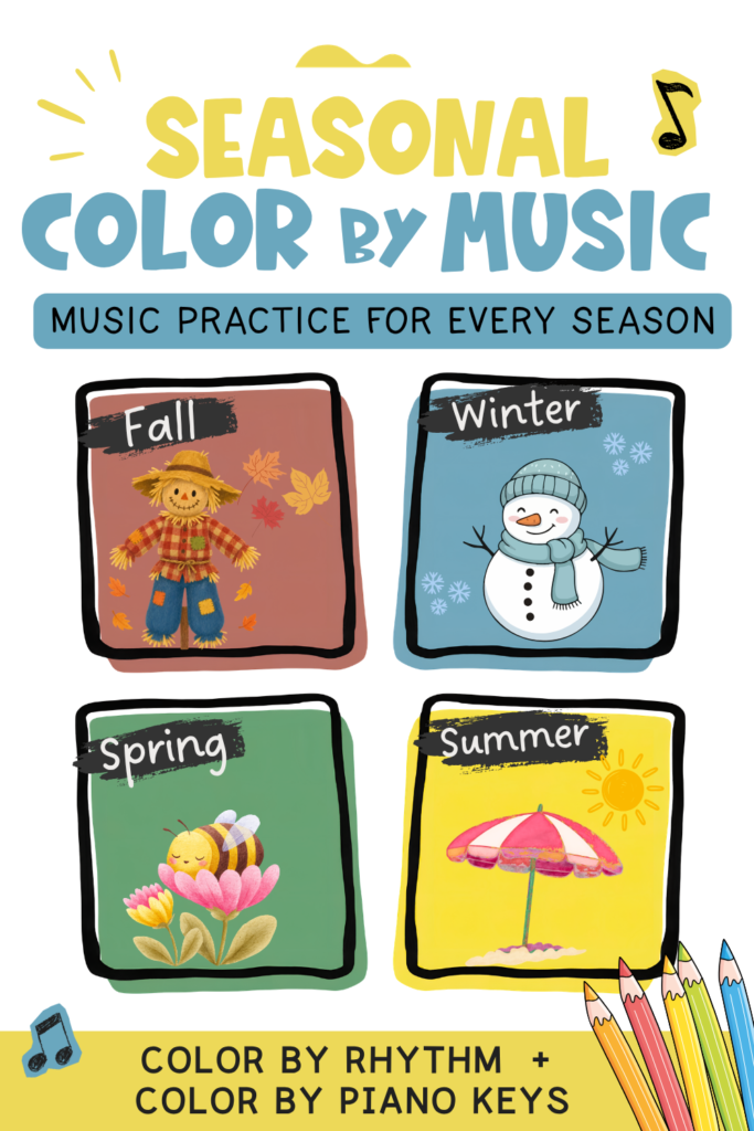 Seasonal Color by Music worksheets for Fall, Winter, Spring, and Summer with rhythm and piano key activities for music practice throughout the year.