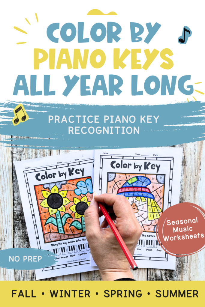 Seasonal Color by Piano Keys music worksheets for Fall, Winter, Spring, and Summer to practice piano key identification and note recognition.