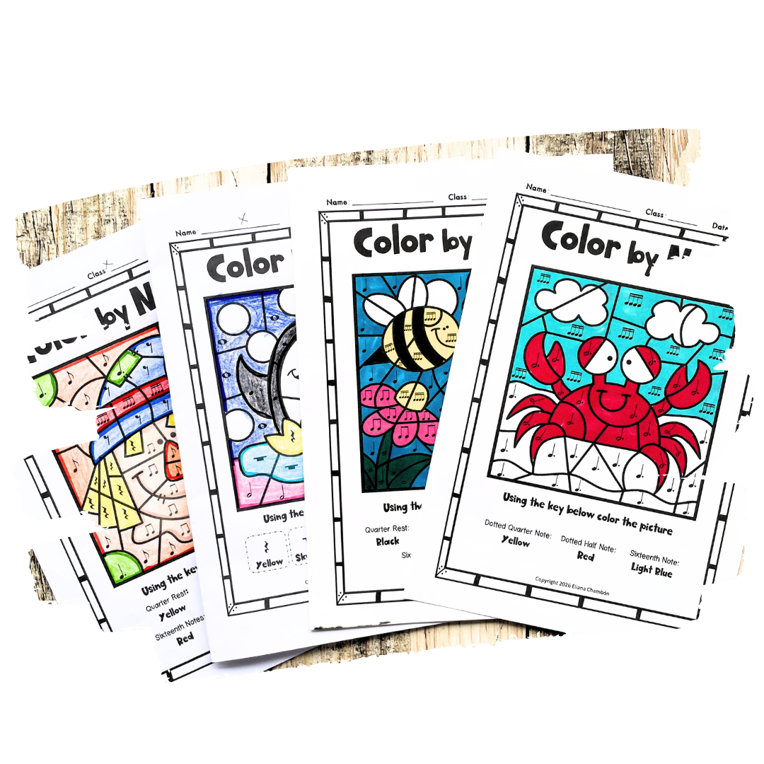 Color by Music worksheets for practicing note reading, rhythm, music math, piano keys, intervals, and ukulele chords through engaging color-by-code music activities.